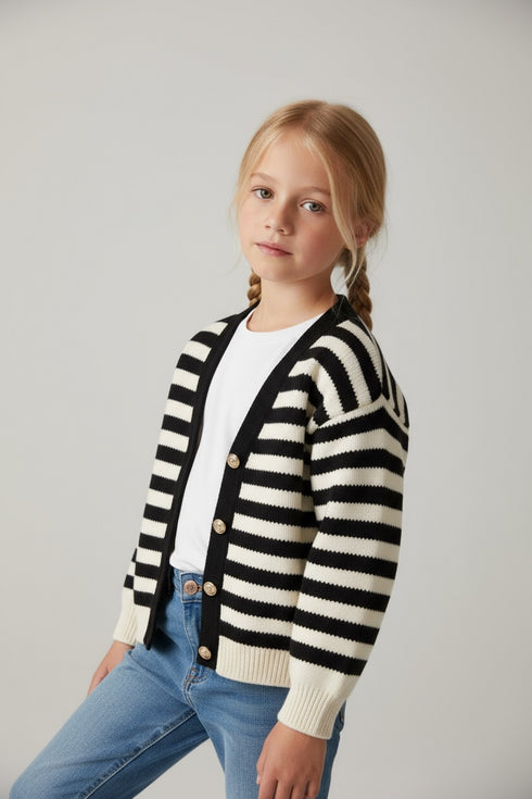 Girls Striped Winter Sweater – Warm Knit Cardigan For Kids | Black & White | Winter Collection