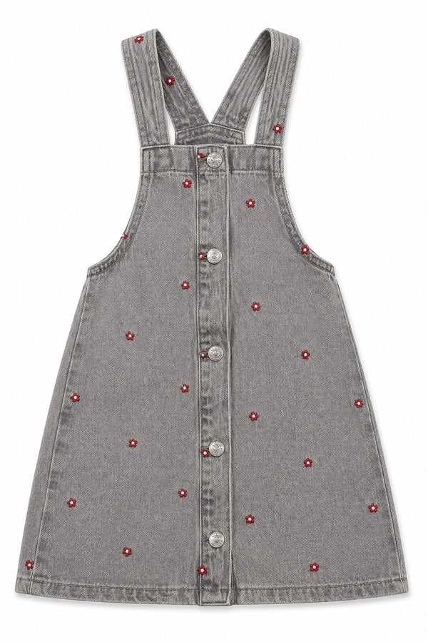 Zeemam Girls Floral Embroidered Denim Pinafore Dress – Washed Grey