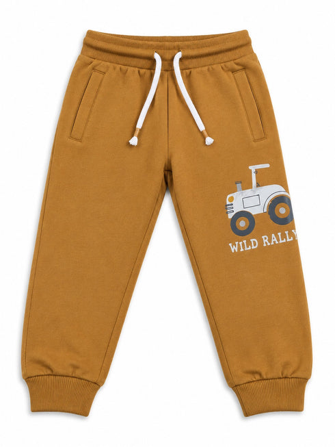 Mustard Yellow Kids Jogger Pants with Tractor Print | Soft Cotton Sweatpants for Boys