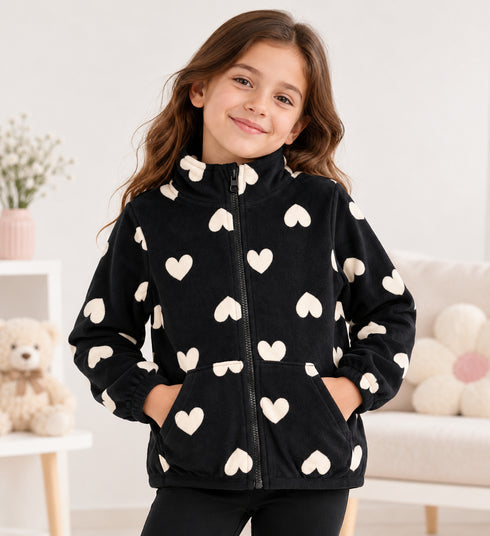Joe Fresh Girls Black & Cream Heart Print Fleece Zip Up Jacket