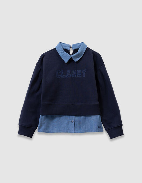 Girls’ navy trompe-l’oeil shirt sweatshirt