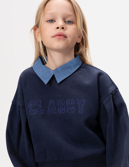 Girls’ navy trompe-l’oeil shirt sweatshirt