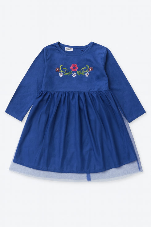 Girls’ Blue Embroidered Fancy Frock – Long Sleeves, Soft & Comfortable