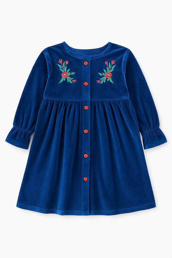 Girls’ Sweet Blue Velvet Frock with Embroidery & Front Buttons – Winter Party Wear Dress