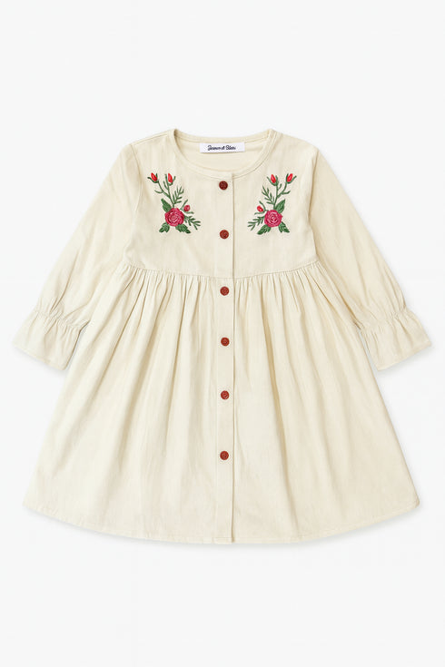 Girls’ CREAM OFF-WHITE Velvet Frock with Embroidery & Front Buttons – Winter Party Wear Dress