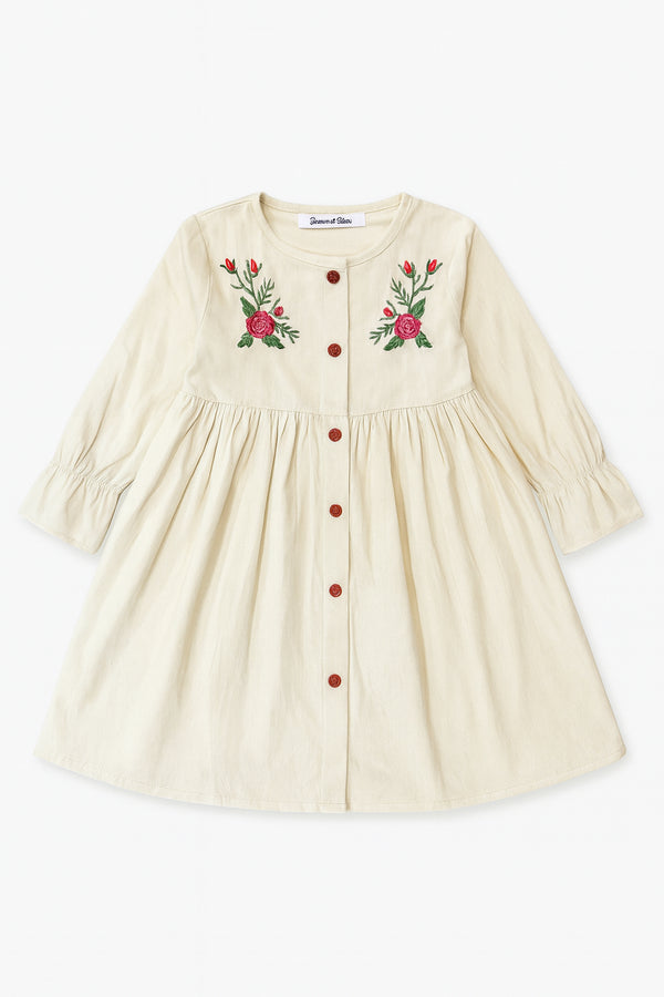 Girls’ CREAM OFF-WHITE Velvet Frock with Embroidery & Front Buttons – Winter Party Wear Dress