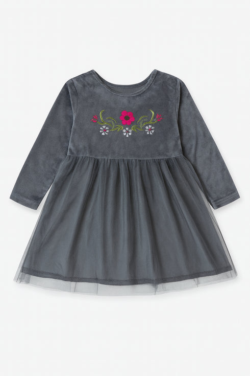 Girls’MATTE DARK GREY Embroidered Fancy Frock – Long Sleeves, Soft & Comfortable