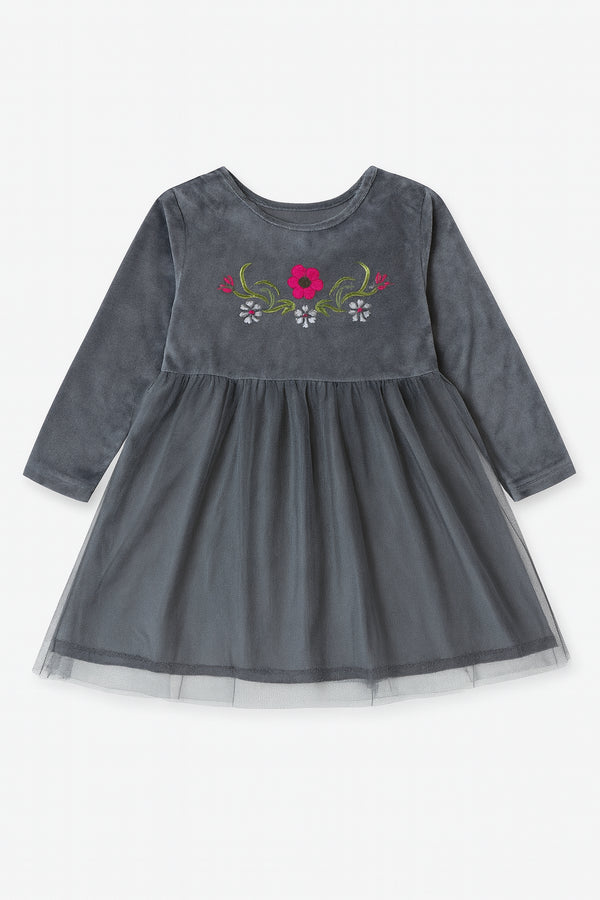 Girls’MATTE DARK GREY Embroidered Fancy Frock – Long Sleeves, Soft & Comfortable