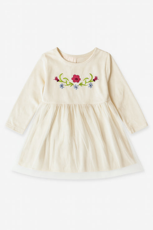 Girls’ CREAM OFF-WHITE Embroidered Fancy Frock – Long Sleeves, Soft & Comfortable