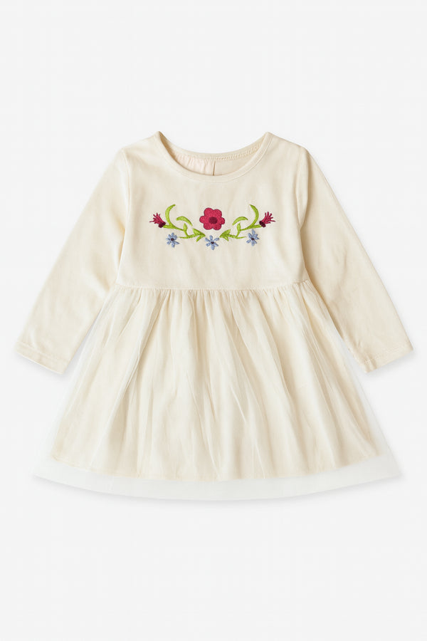 Girls’ CREAM OFF-WHITE Embroidered Fancy Frock – Long Sleeves, Soft & Comfortable