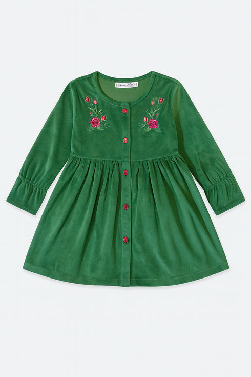 Girls’ GREEN Velvet Frock with Embroidery & Front Buttons – Winter Party Wear Dress