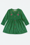 Girls’ GREEN Velvet Frock with Embroidery & Front Buttons – Winter Party Wear Dress