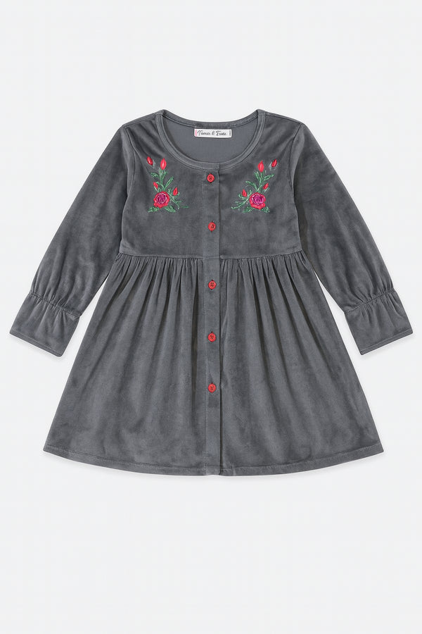 Girls’ Velvet Frock with Embroidery & Front Buttons – Winter Party Wear Dress