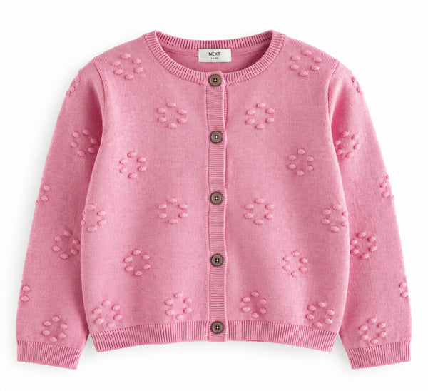 NEXT Girls Pink Floral Textured Button Front Knitted Cardigan