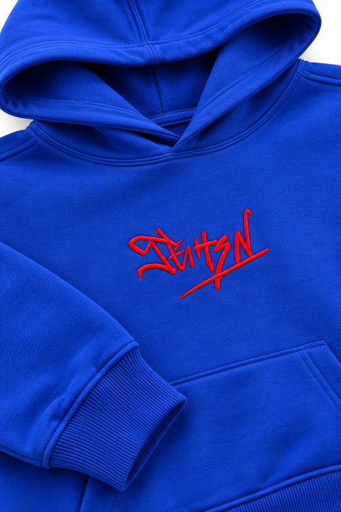 ZARA Boys Royal Blue Oversized Hoodie with Red Embroidered Logo