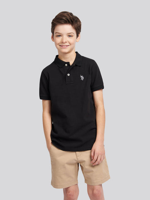 U.S. Polo Assn. Boys Double Horsemen Polo Shirt in Black Bright White DHM