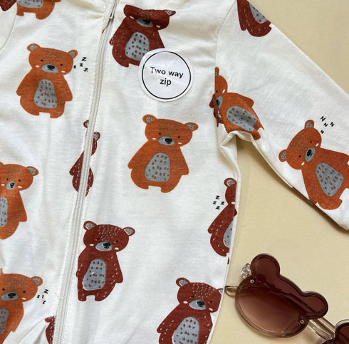 Printed Full Sleeve Zip Front Footed Romper, Ocelot Kittens