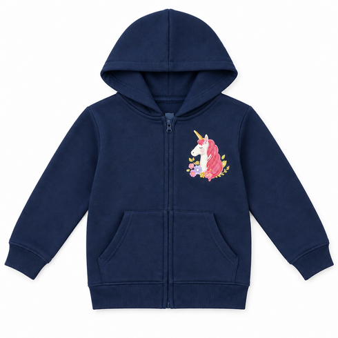A navy blue zip-up hoodie for kids, featuring a colorful cartoon unicorn graphic on the left chest with pink hair, a gold horn, and small flowers, set against a plain white background.