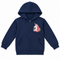 A navy blue zip-up hoodie for kids, featuring a colorful cartoon unicorn graphic on the left chest with pink hair, a gold horn, and small flowers, set against a plain white background.