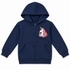 A navy blue zip-up hoodie for kids, featuring a colorful cartoon unicorn graphic on the left chest with pink hair, a gold horn, and small flowers, set against a plain white background.