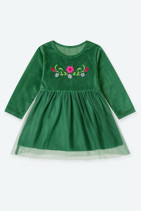 Girls’ GREEN Embroidered Fancy Frock – Long Sleeves, Soft & Comfortable