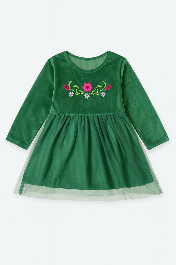 Girls’ GREEN Embroidered Fancy Frock – Long Sleeves, Soft & Comfortable