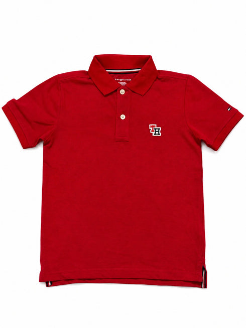 Tommy Hilfiger Kids Red Polo Shirt, Boys Short Sleeve Collared Top, Preppy Casual Summer Outfit, Designer Kidswear