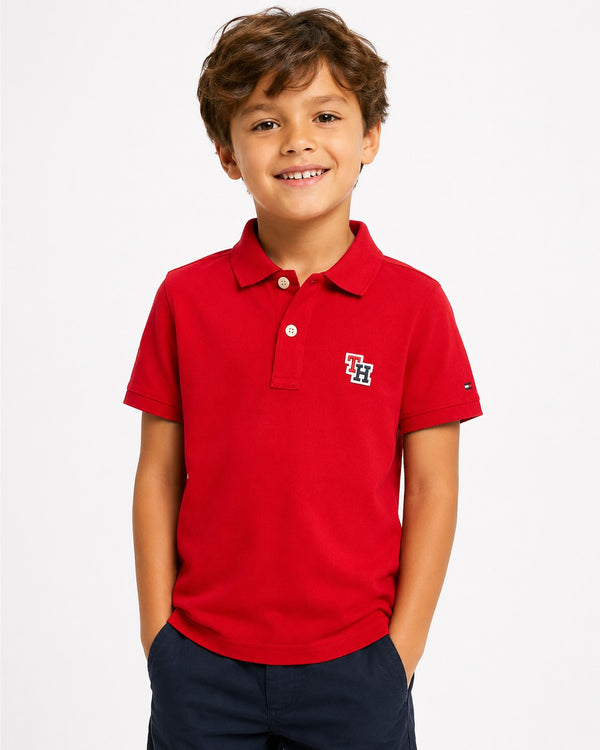Tommy Hilfiger Kids Red Polo Shirt, Boys Short Sleeve Collared Top, Preppy Casual Summer Outfit, Designer Kidswear