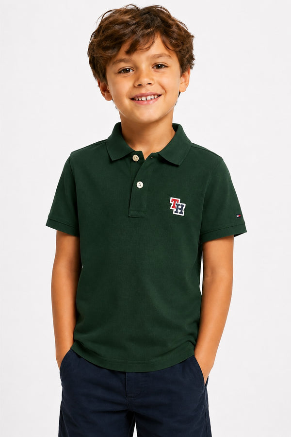 Tommy Hilfiger Kids Green Polo Shirt, Boys Short Sleeve Collared Top, Preppy Casual Summer Outfit, Designer Kidswear