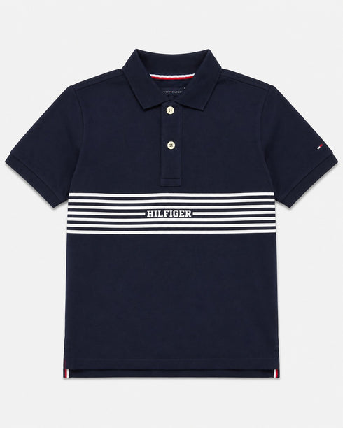 Tommy Hilfiger Kids Navy Blue Striped Polo Shirt | Boys Short Sleeve Collared Top | Smart Casual Kidswear