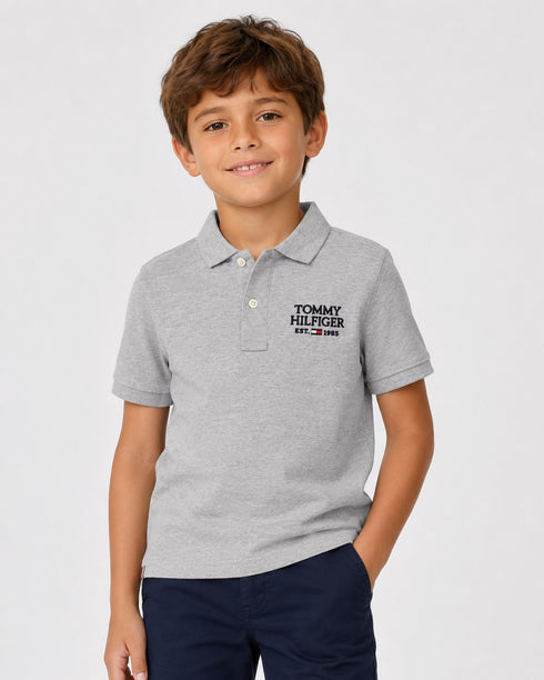 Tommy Hilfiger Kids Grey Polo Shirt | Boys Short Sleeve Collared Top | Smart Casual Summer Kidswear