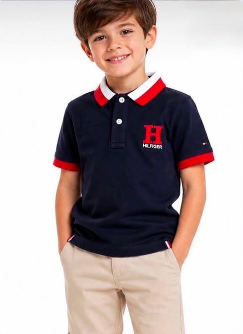 Boys Navy Blue Cotton Polo Shirt with Red Collar | Classic Casual Kids T-Shirt