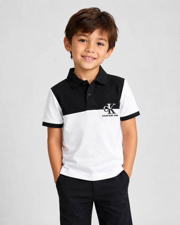 Calvin Klein Jeans Kids Black & White Polo Shirt | Boys Short Sleeve Collared Top | Smart Casual Summer Outfit