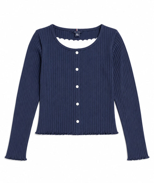 Tommy Hilfiger Girls Navy Blue Ribbed Button Front Top
