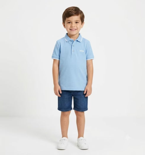 Hugo Boss Logo Print Collar Stripe Polo Tee Sky Blue