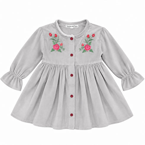 Girls’ Velvet Frock with Embroidery & Front Buttons – Winter Party Wear Dress