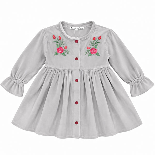 Girls’ Velvet Frock with Embroidery & Front Buttons – Winter Party Wear Dress