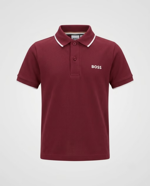 Hugo Boss Logo Print White Collar Stripe Polo Tee Maroon