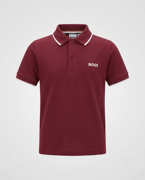 Hugo Boss Logo Print White Collar Stripe Polo Tee Maroon