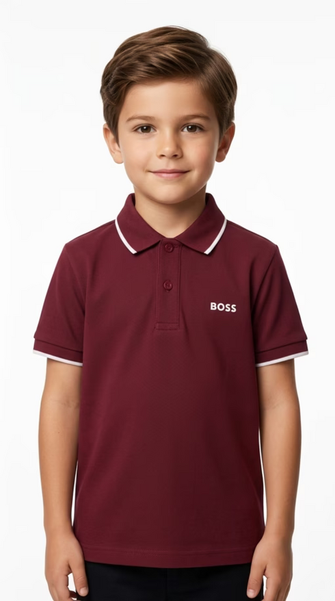 Hugo Boss Logo Print White Collar Stripe Polo Tee Maroon