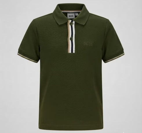 Hugo Boss 4 Stripe Placket Polo Tee Olive