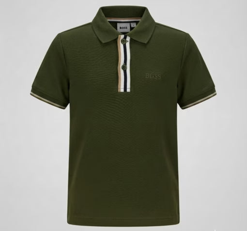Hugo Boss 4 Stripe Placket Polo Tee Olive