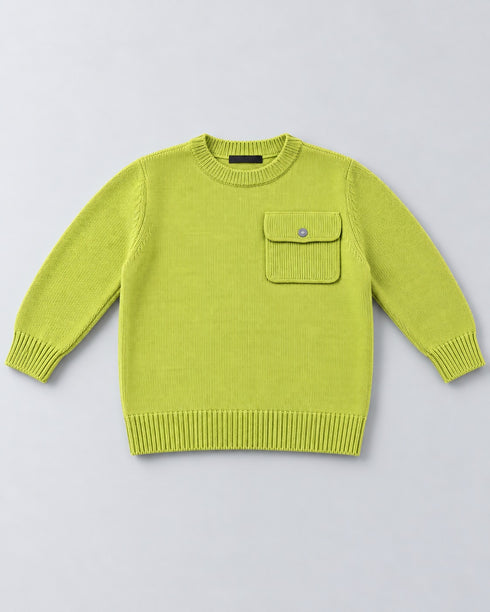 Kids Crew Neck Knit Sweater with Chest Pocket – Lime Green