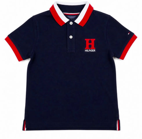 Boys Navy Blue Cotton Polo Shirt with Red Collar | Classic Casual Kids T-Shirt